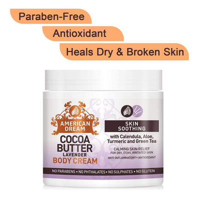 American Dream Cocoa Butter Lavender Solid Complex Face and Body Cream, All Natural Sin Care Ingredients Calendula, Aloe, Turmeric, Green Tea and Lavender Essential Oil, Skin-Brightening Complex, 4 oz