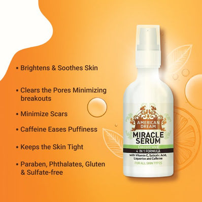 American Dream Miracle Skin Serum with Vitamin C, All-Natural 4-in-1 Concentrated Brightening Skin Serum for Face and Body, 2oz, Face Serum, Skin Care
