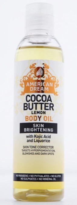 American Dream Cocoa Butter Body Oil, Skin Brightening Lemon Body Oil with Kojic Acid and Licorice, 200 ml